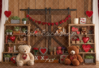 Kate Valentine's Day Teddy Bears Wooden Shelves Red Hearts Printed Backdrop Designed by Emetselch
