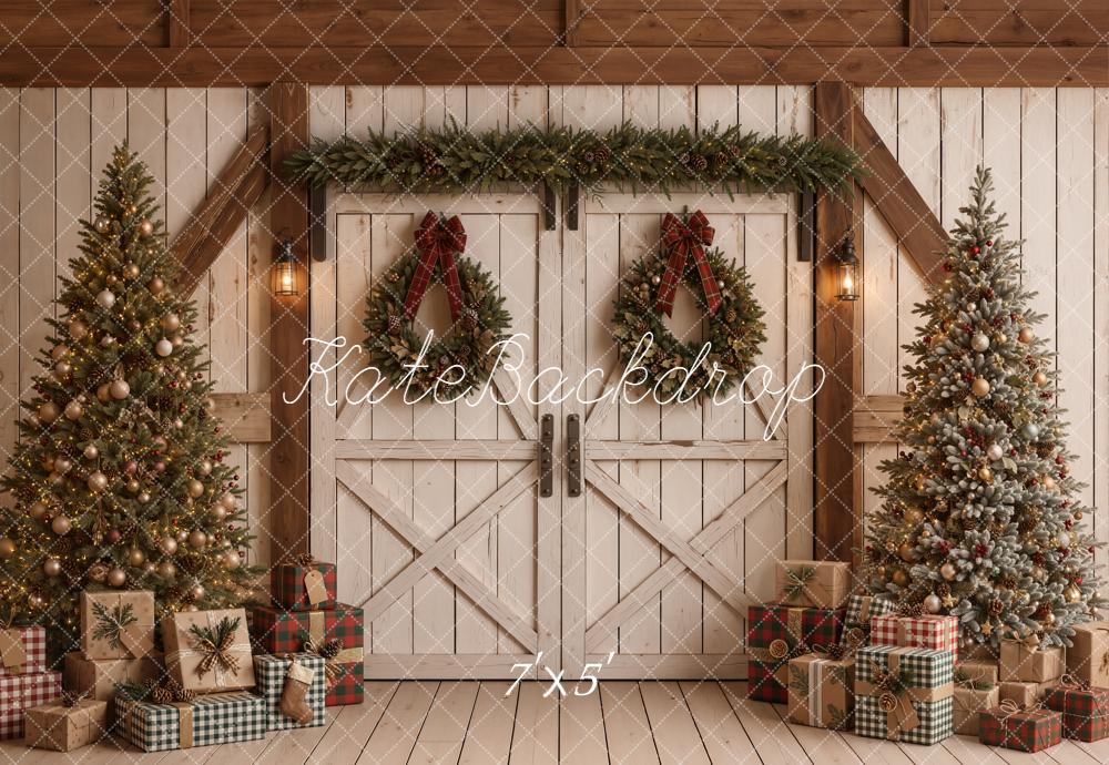 Kate Christmas Barn Doors Trees Wreaths Presents Printed Backdrop Designed by Emetselch