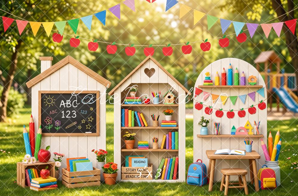 Kate Back To School Schoolyard Classroom Books Apples Printed Backdrop Designed by Patty Roberts