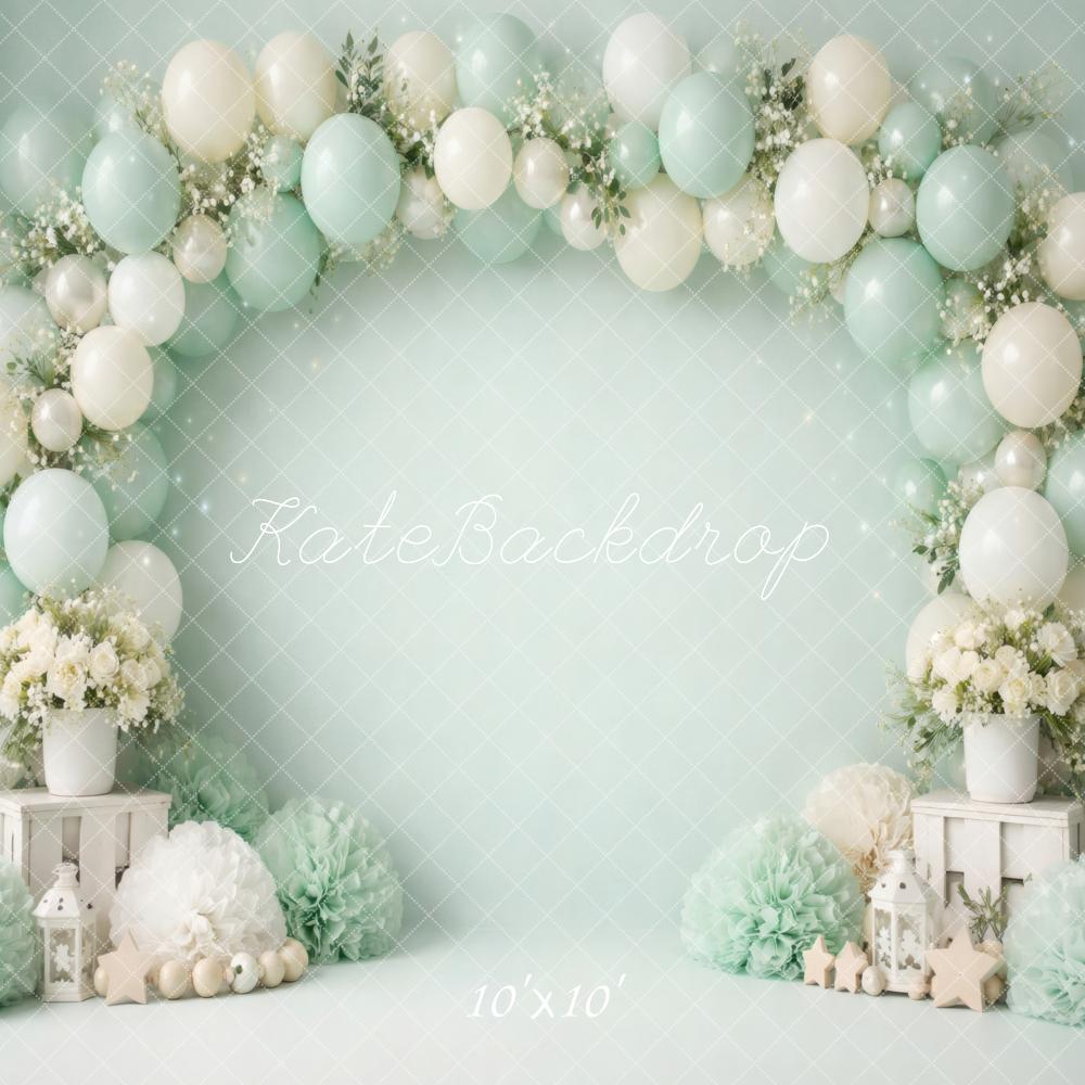 Kate Cake Smash Mint Balloon Flower Arch Stars Lanterns Printed Backdrop Designed by Vertigo Productions