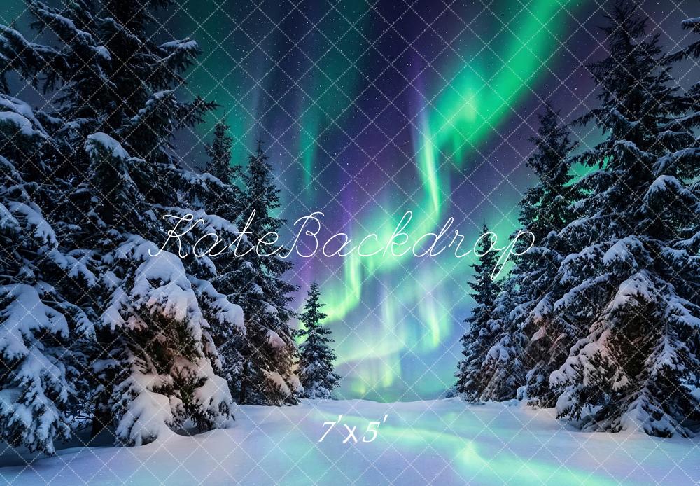Kate Winter Aurora Borealis Snowy Pine Trees Printed Backdrop Designed by Happy Squirrel Design