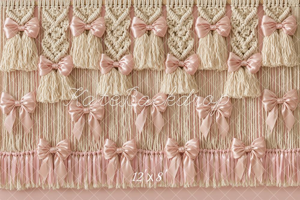 Kate Boho Satin Pink Bow Macrame Tassel Printed Backdrop Designed by Angela Miller