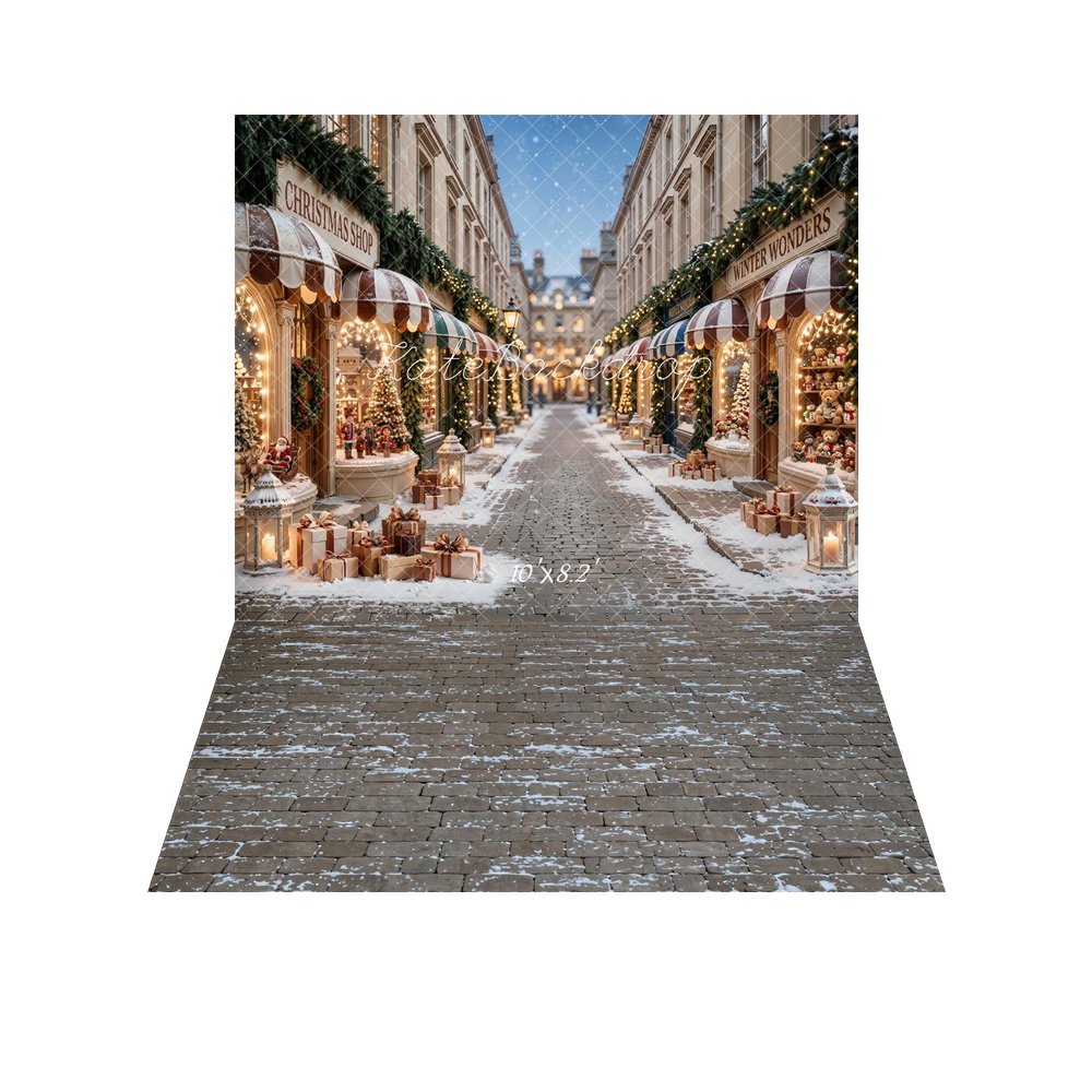 Kate Christmas Shop Snowy Street Printed Backdrop+Cobblestone Snow Floor Printed Backdrop