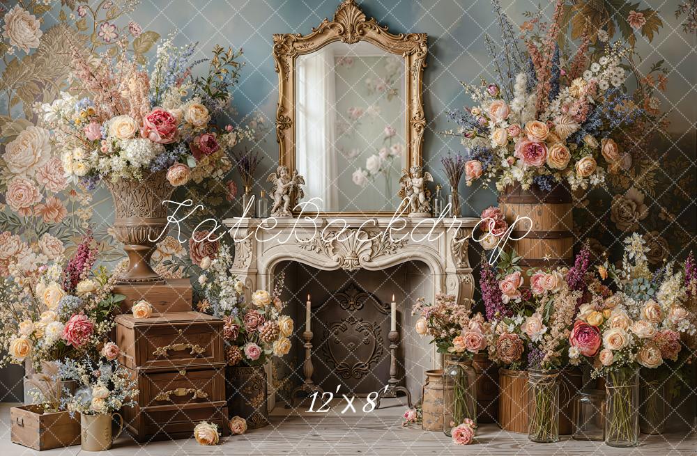 Kate Vintage Floral Mirror Fireplace Printed Backdrop Designed by Emetselch