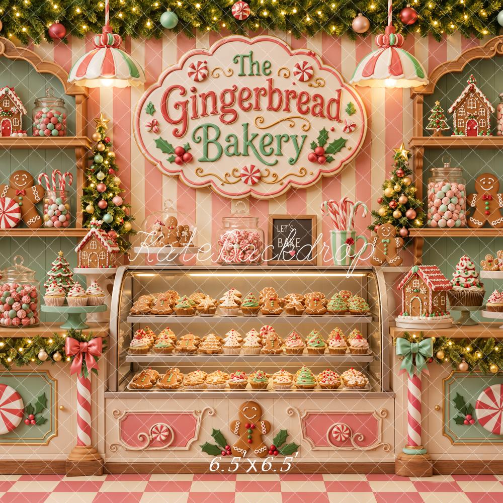 Kate Christmas Gingerbread Bakery Shop Candy Display Striped Wall Printed Backdrop Designed by Emetselch