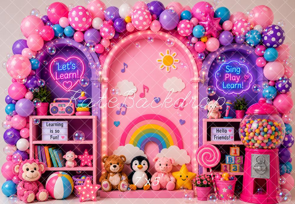Kate Cake Smash Pink Learning Playroom Balloon Arch Rainbow Printed Backdrop Designed by Ashley Paul