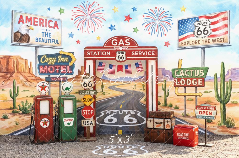 Kate Route 66 Gas Station Desert Motel Fireworks Printed Backdrop Designed by Patty Roberts