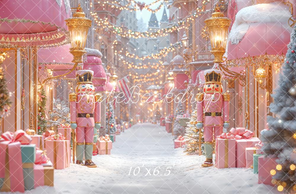 Kate Christmas Pink Nutcracker Snowy Street Shop Backdrop Designed by Emetselch