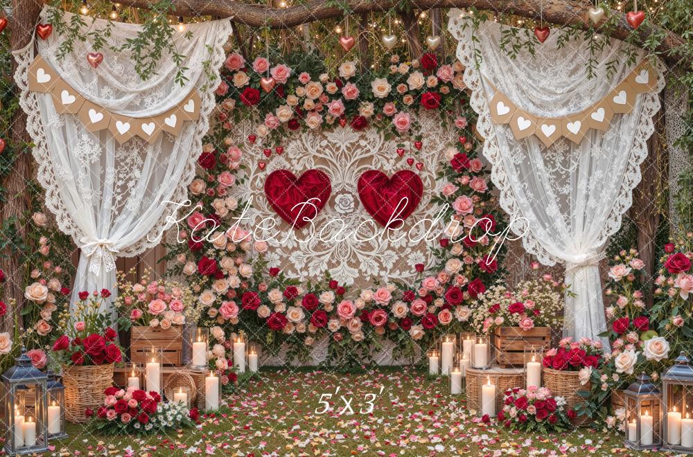 Kate Valentine's Day Lace Curtains Flower Branch Arch Heart Printed Backdrop Designed by Mini MakeBelieve