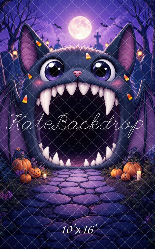 Kate Halloween Trunk or Treat Purple Bat Monster Pumpkins Cobblestone Printed Backdrop Designed by Mini MakeBelieve