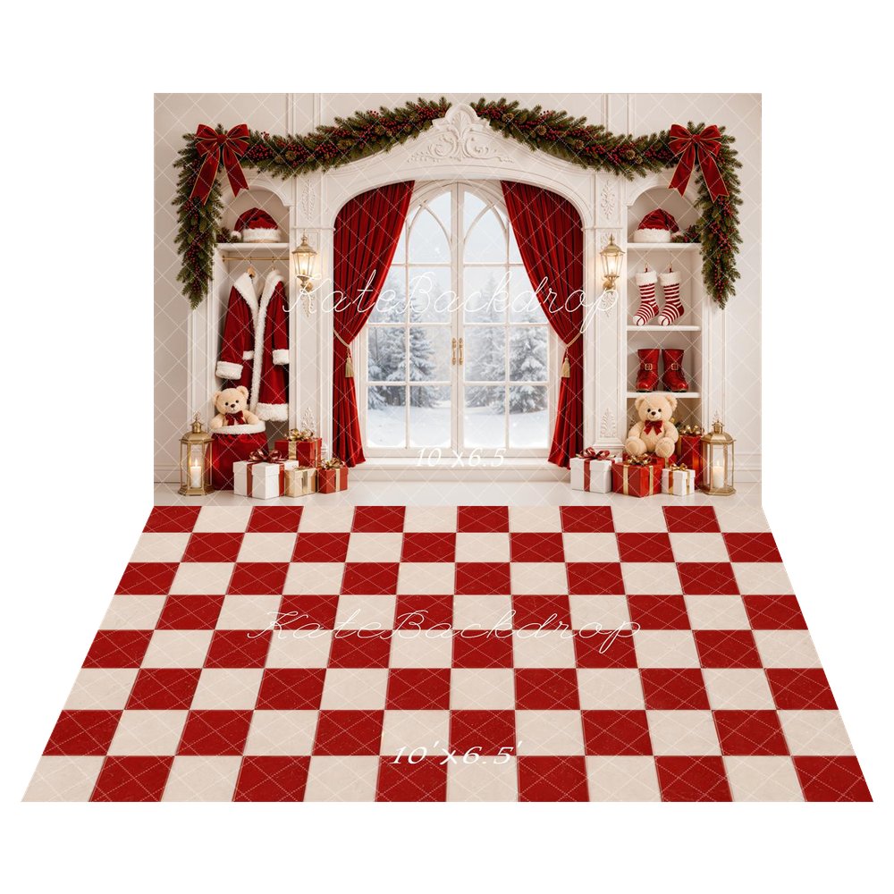 Kate Christmas Window Garland Red Curtains Gifts Santa Printed Backdrop+Red White Quilted Checkerboard Printed Backdrop