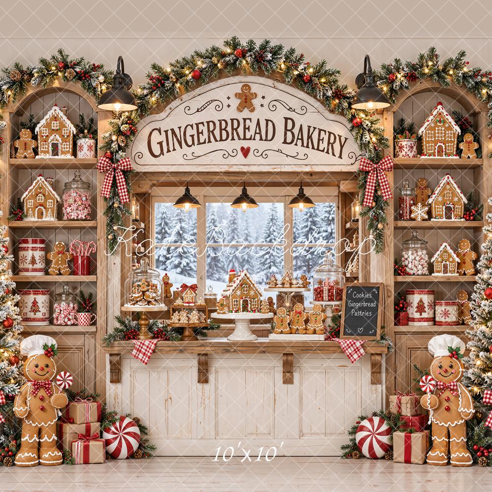Kate Christmas Gingerbread Bakery Shop Garland Window Printed Backdrop Designed by Emetselch