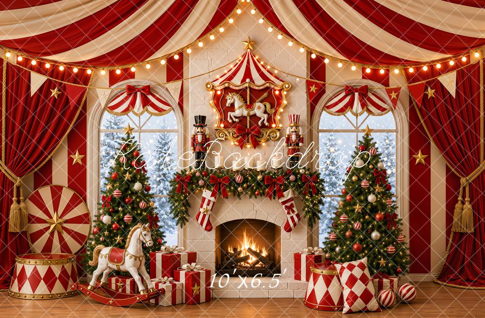 Kate Christmas Trees Circus Fireplace Window Rocking Horse Printed Backdrop Designed by Emetselch