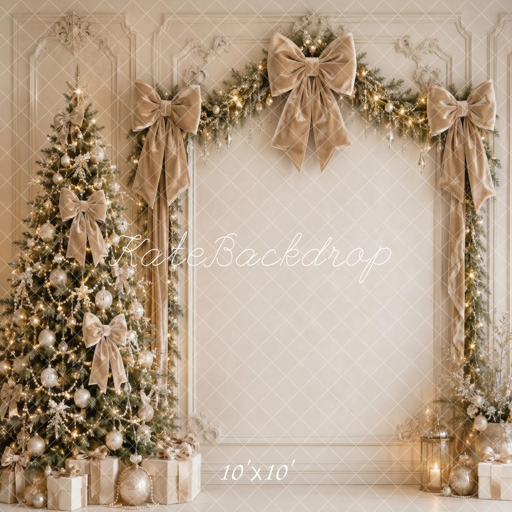Kate Christmas Tree Champagne Beige Bow Garland Printed Backdrop Designed by Vertigo Productions