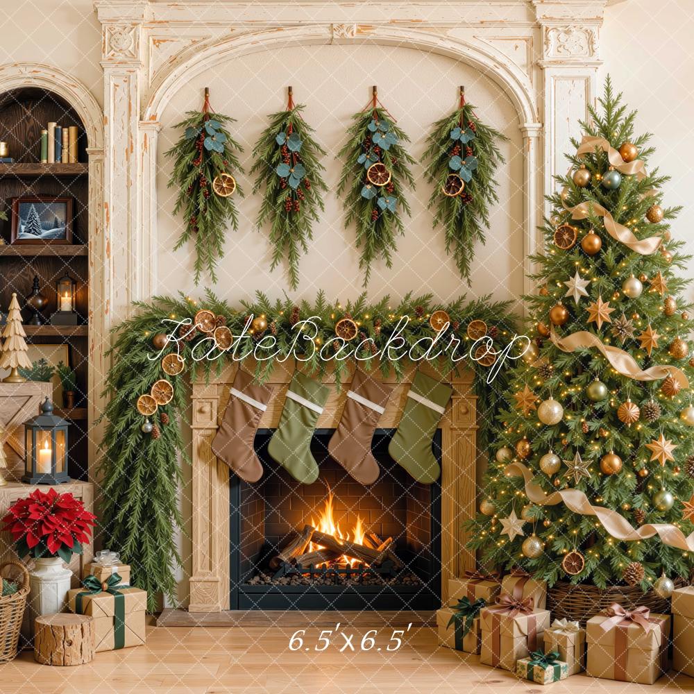 Kate Christmas Fireplace Tree Stockings Int Orange Peels Garland Printed Backdrop Designed by Mini MakeBelieve