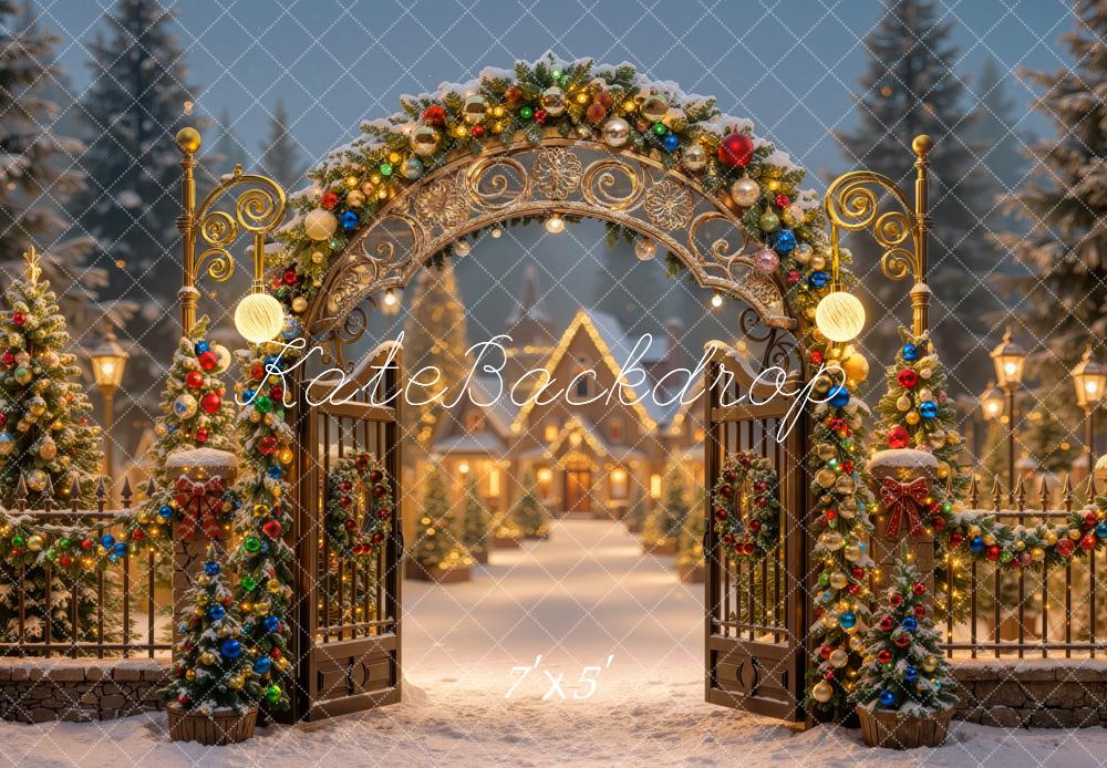 Kate Christmas Glow Colorful Village Gate Arch Snowy Ornament Printed Backdrop Designed by Mini MakeBelieve