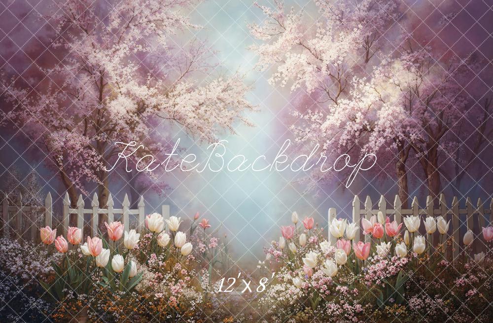 Kate Spring Cherry Blossom Trees Tulips White Picket Fence Backdrop Designed by Emetselch