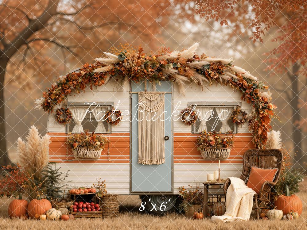 Kate Fall Boho Camper Macrame Pumpkins Pampas Grass Printed Backdrop Designed by Emetselch