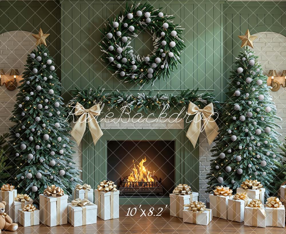 Kate Christmas Fireplace Tree Wreath Presents Gifts Green Backdrop Designed by Mini MakeBelieve