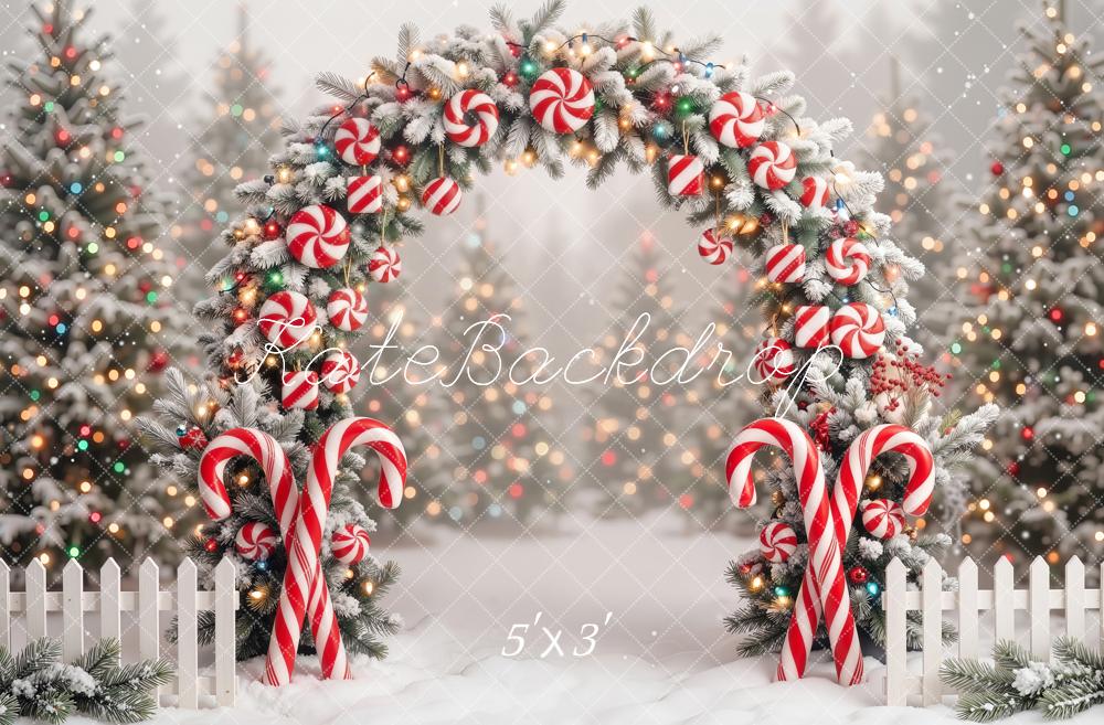 Kate Christmas Flower Arch Candy Cane Trees Fence Printed Backdrop Designed by Emetselch