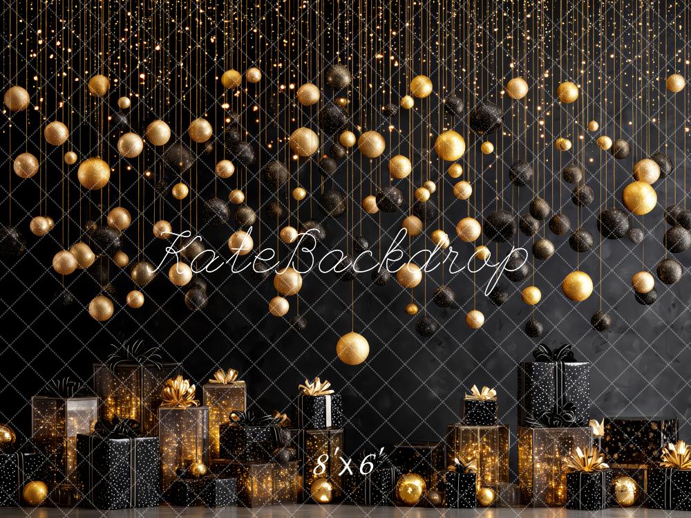 Kate Christmas Black Gold Ornaments Gift Boxes Backdrop Designed by Patty Roberts