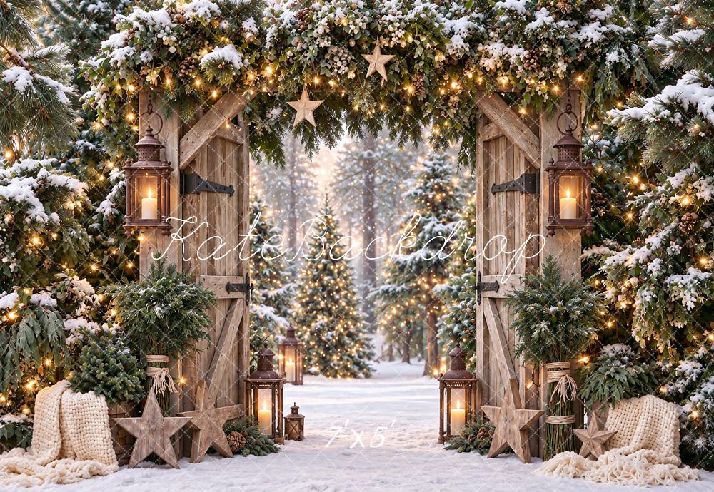 Kate Christmas Rustic Evergreen Wood Door Arch Stars Snowy Pine Trees Printed Backdrop Designed by Angela Miller