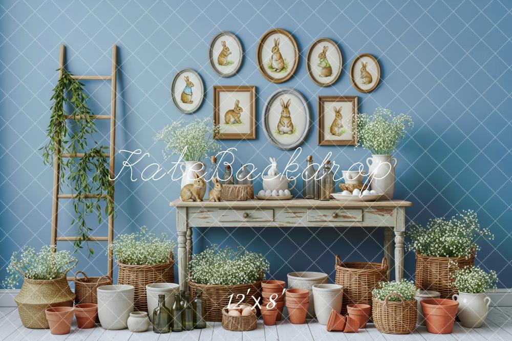 Kate Easter Bunny Blue Wall Baskets Pots Floral Decor Printed Backdrop Designed by Patty Roberts