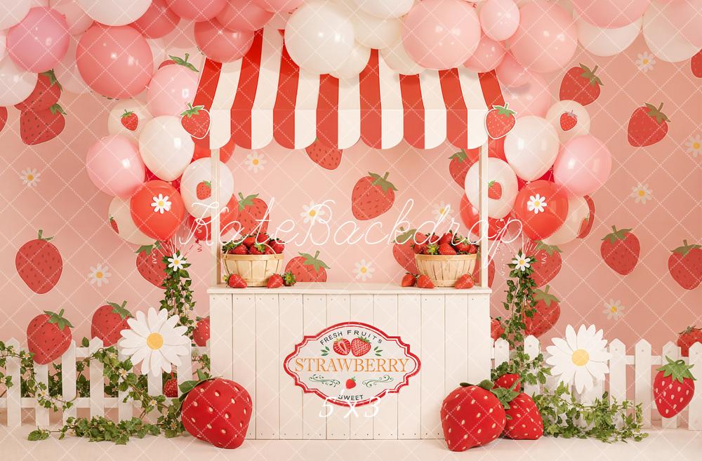 Kate Strawberry Stand Balloons Daisy Flowers Pink Backdrop Designed by Emetselch