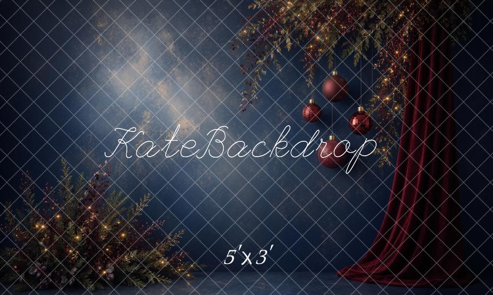 Kate Christmas Navy Abstract Ornaments Red Curtain Printed Backdrop Designed by Ashley Ward