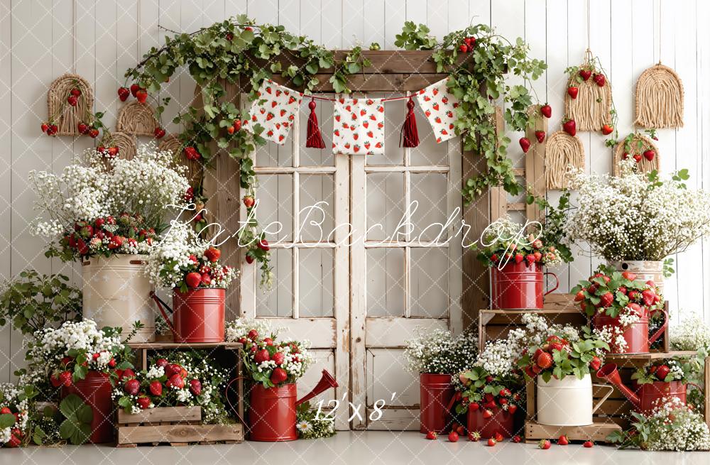Kate Summer Strawberry Garland Rustic Window Watering Can Floral Crate Printed Backdrop Designed by Emetselch