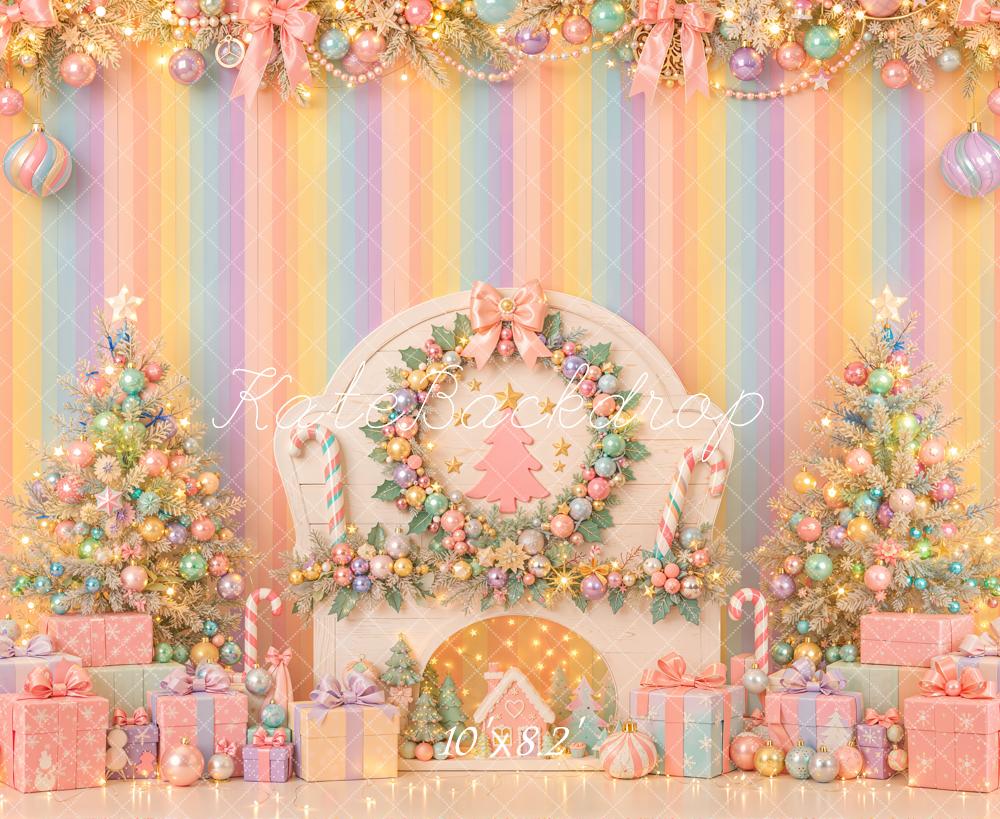 Kate Christmas Pastel Fireplace Christmas Tree Gifts Bow Printed Backdrop Designed by Emetselch