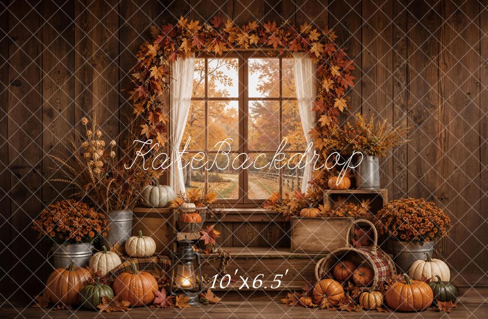 Kate Fall Pumpkins Window Maple Leaves Rustic Wood Printed Backdrop Designed by Emetselch