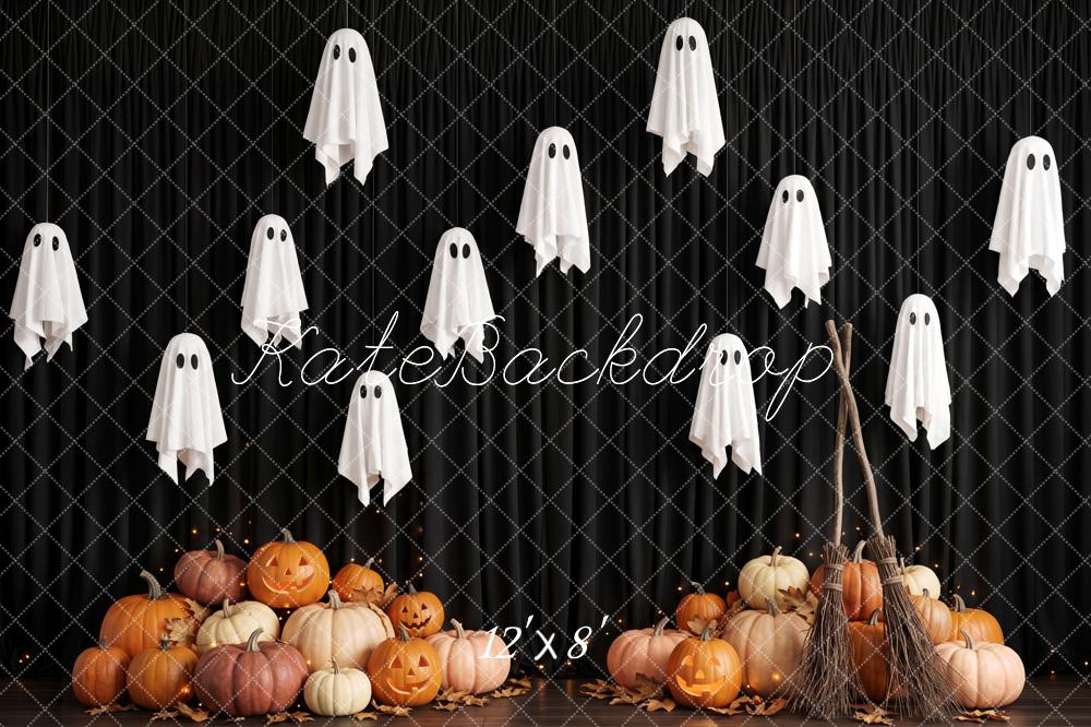 Kate Halloween Ghost Pumpkin Broom Black Wall Printed Backdrop Designed by Patty Roberts
