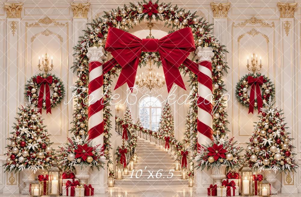 Kate Christmas Red Bow Candy Cane Arch Staircase Printed Backdrop Designed by Emetselch