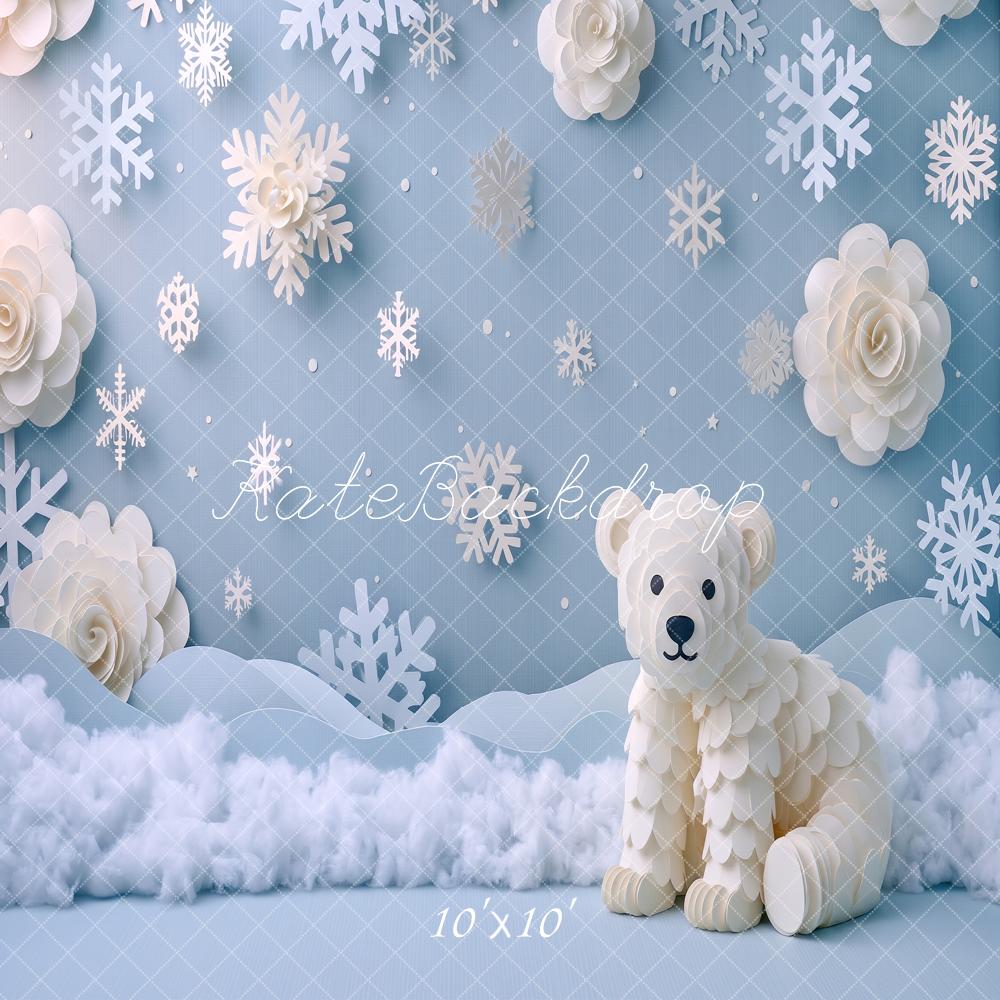 Kate Winter Cake Smash Blue Snowflakes Paper Flowers Polar Bear Printed Backdrop Designed by Angela Miller