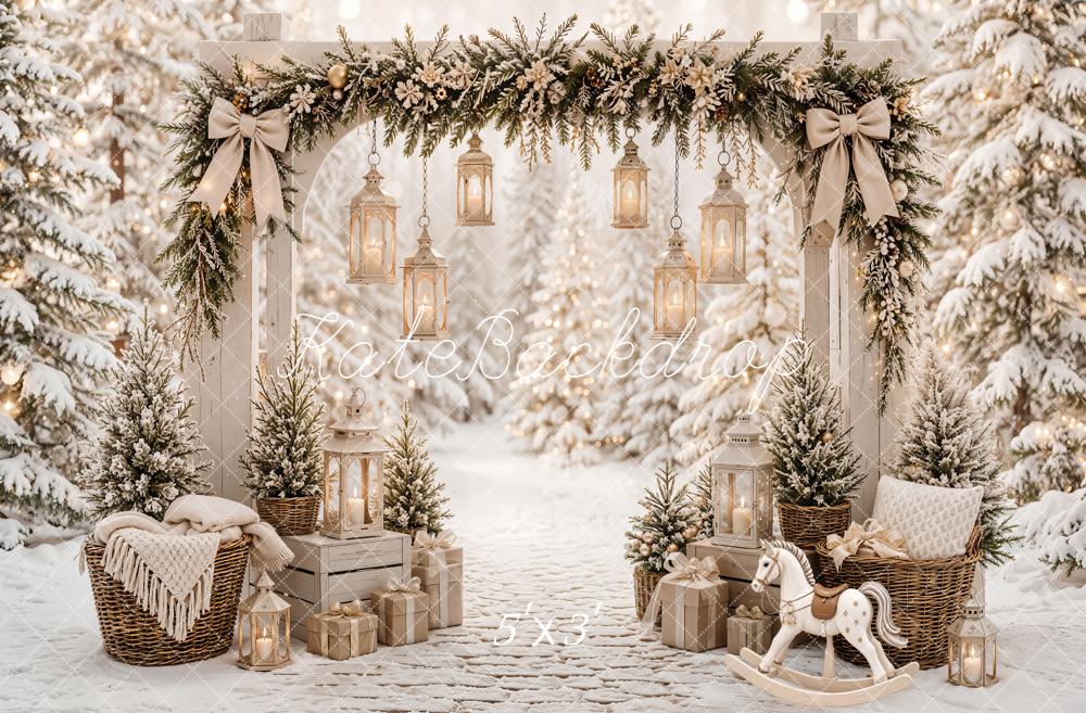 Kate Christmas Garland Arch Lanterns Snowy Forest Rocking Horse Printed Backdrop Designed by Emetselch