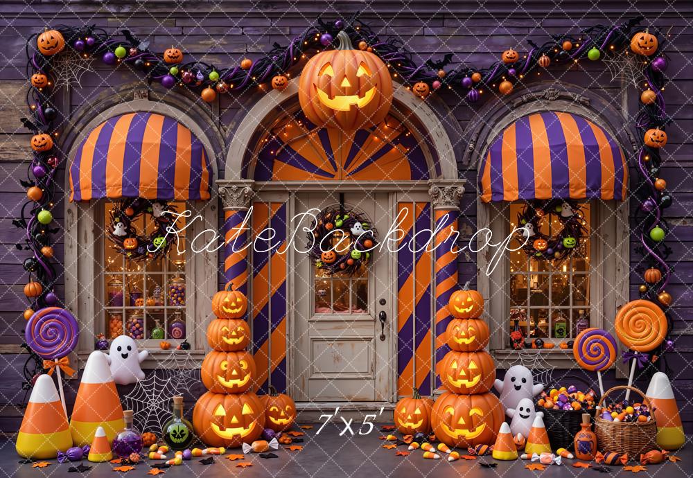 Kate Halloween Shop Pumpkins Porch Candy Trick Or Treat Printed Backdrop Designed by Emetselch