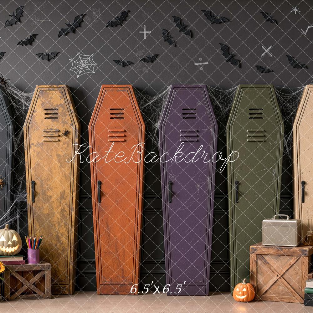 Kate Halloween Coffin Lockers Bats Pumpkin Vintage Black Wall Printed Backdrop Designed by Mini MakeBelieve