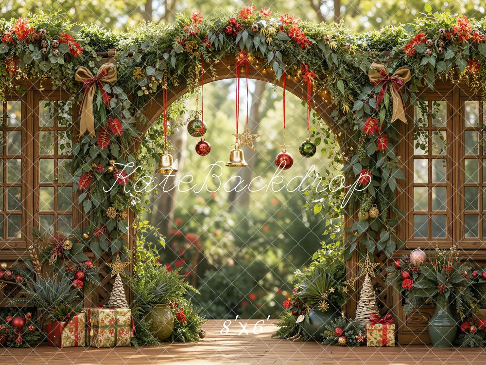 Kate Christmas Circular Arch Garland Garden Windows Presents Printed Backdrop Designed by Emetselch