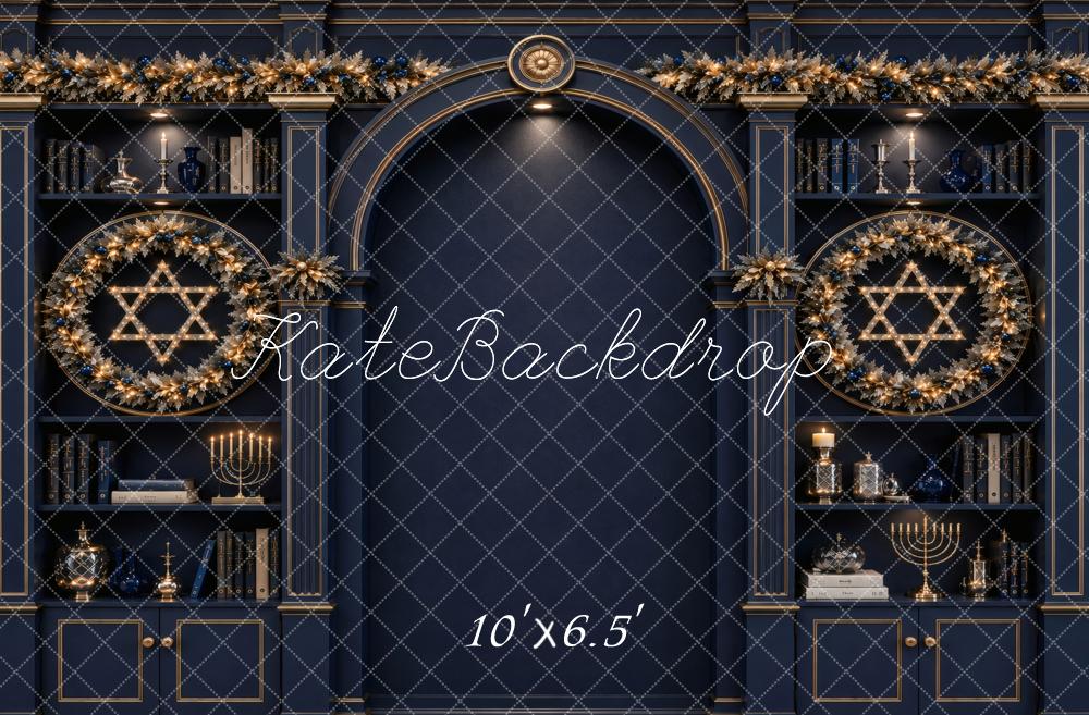 Kate Hanukkah Blue Bookshelf Arch Wreath Menorah Printed Backdrop Designed by Vertigo Productions