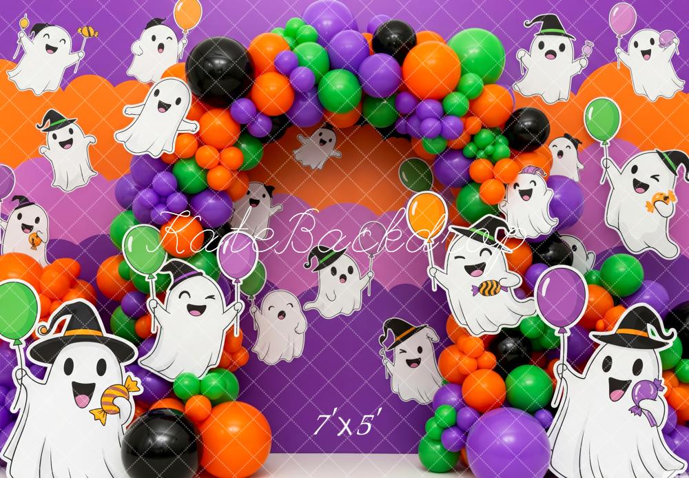 Kate Halloween Cake Smash Ghost Balloon Arch Purple Orange Backdrop Designed by Patty Roberts
