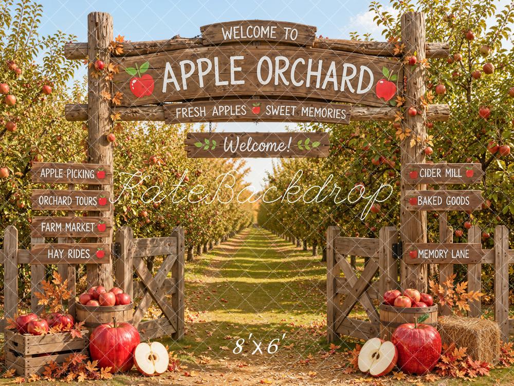 Kate Fall Apple Orchard Wooden Welcome Sign Apples Printed Backdrop Designed by Emetselch
