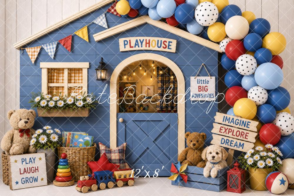 Kate Cake Smash Playhouse Blue Balloons Teddy Bears Toys Printed Backdrop Designed by Shutter Swan Studios