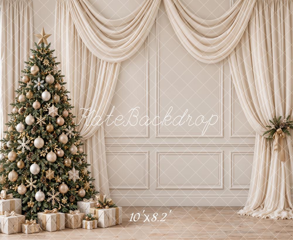 Kate Christmas Tree Gifts Draped Curtains Beige Vintage Wall Printed Backdrop Designed by Emetselch
