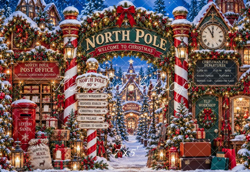 Kate Christmas North Pole Entrance Archway Snowy Workshop Printed Backdrop Designed by Patty Roberts