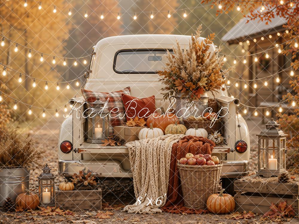 Kate Fall Vintage Truck Pumpkin Cozy Floral String Lights Printed Backdrop Designed by Emetselch