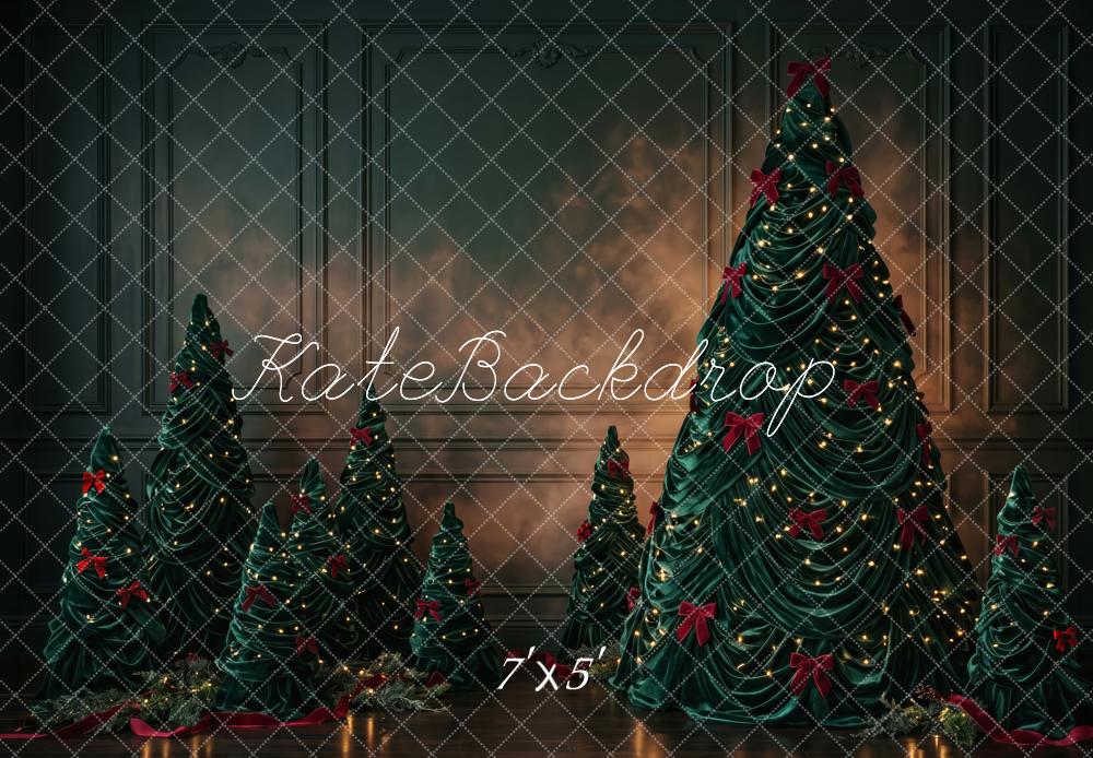 Kate Christmas Trees Dark Moody Red Bows Lights Printed Backdrop Designed by Patty Roberts