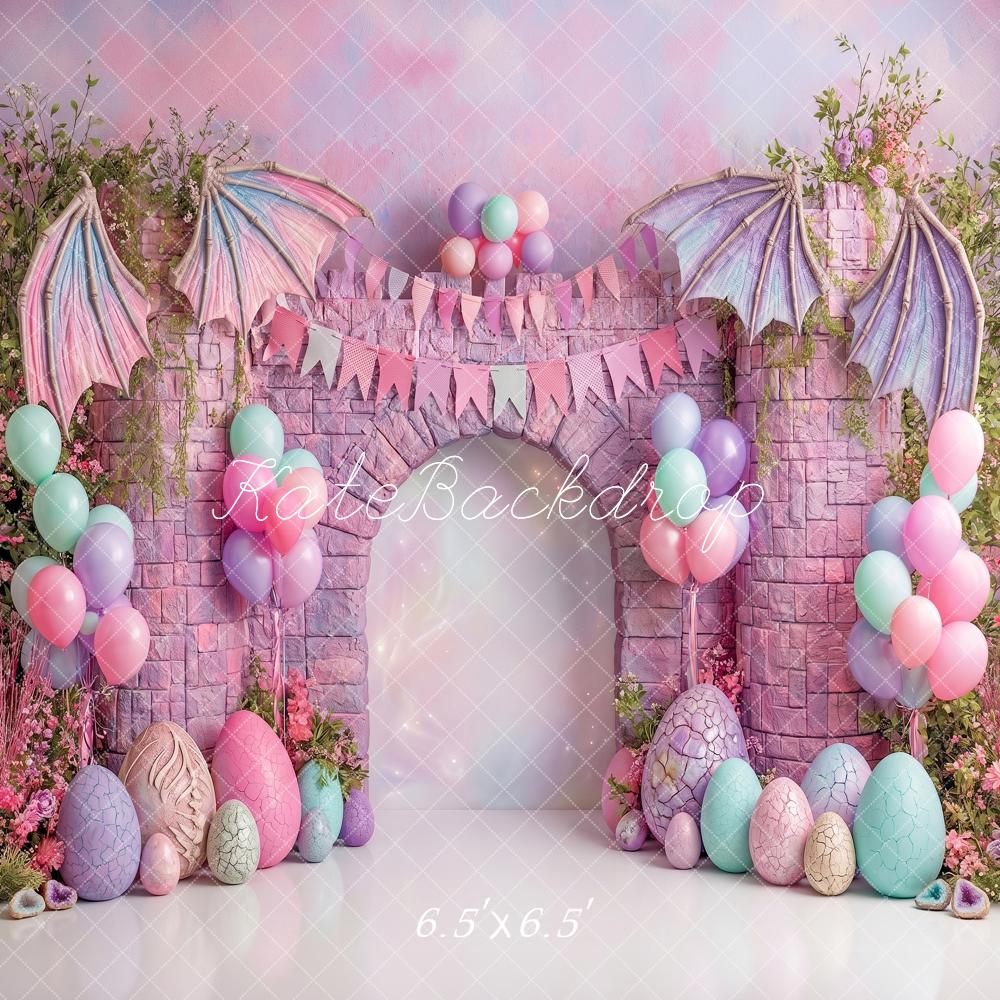 Kate Fantasy Dragon Egg Castle Pink Balloons Printed Backdrop Designed by Angela Miller