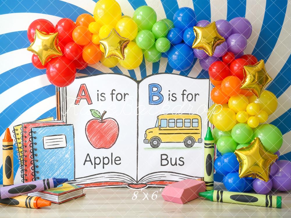 Kate Back To School ABC Apple Bus Rainbow Balloons Backdrop Designed by Chain Photography