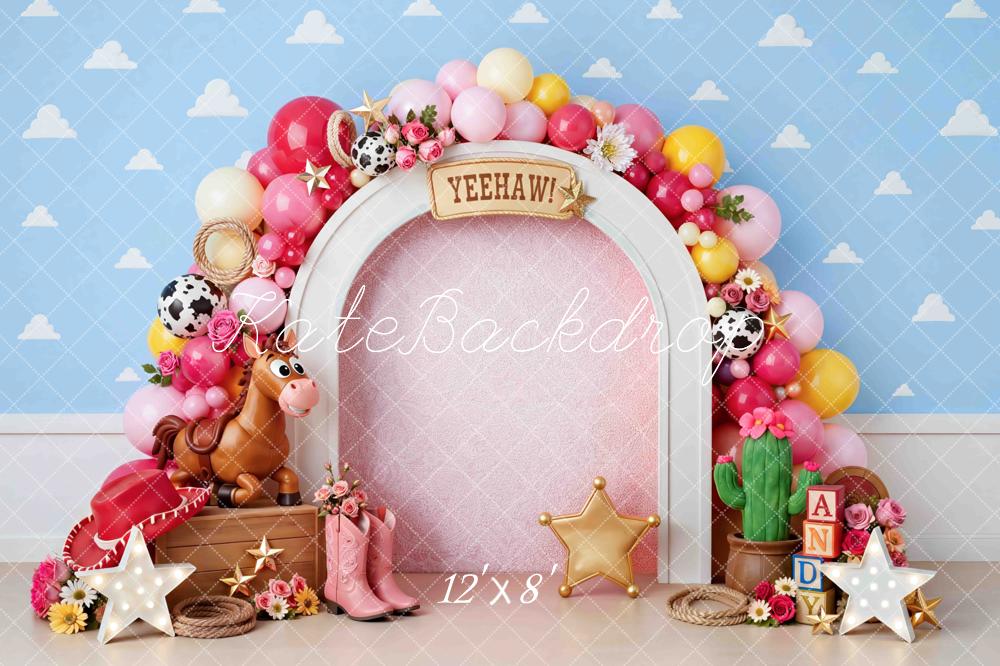 Kate Birthday Western Arch Balloons Horse Boots Cactus Stars Printed Backdrop Printed Backdrop Designed by Mini MakeBelieve